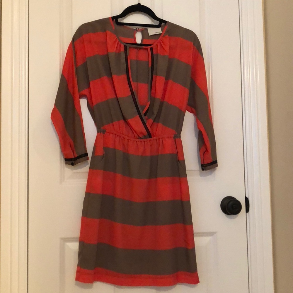 Greylin striped dress with pockets orange taupe